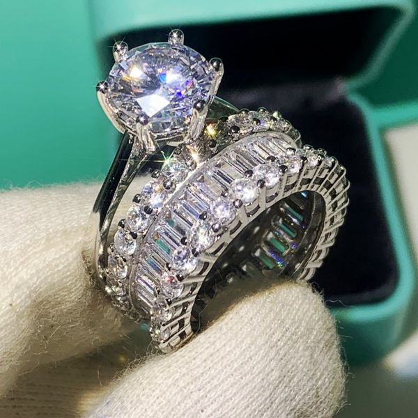 2pcs couple rings jewelry 925 sterling silver white clear cubic zircon promise women wedding bridal ring set gift, Slivery;golden